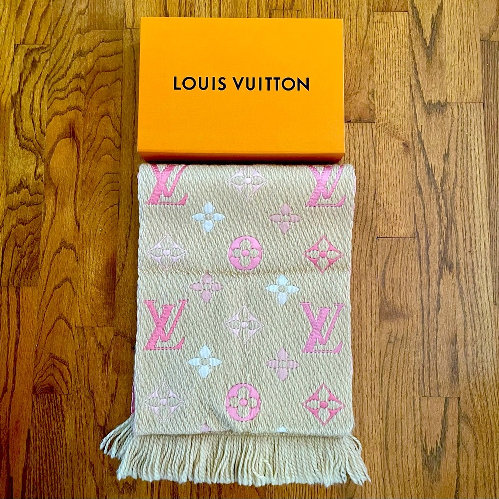 Louis Vuitton Logomania Beige and Pink Scarf with Box